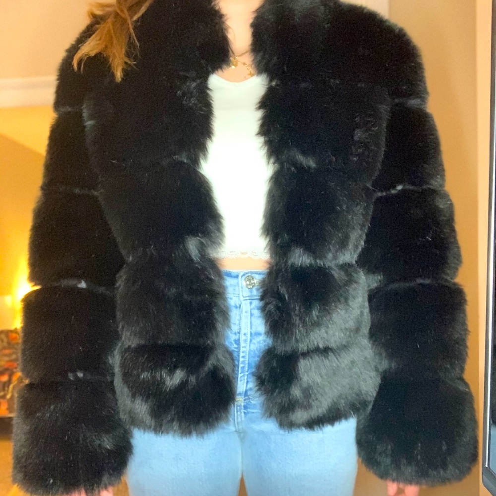 Black fluffy fur jacket